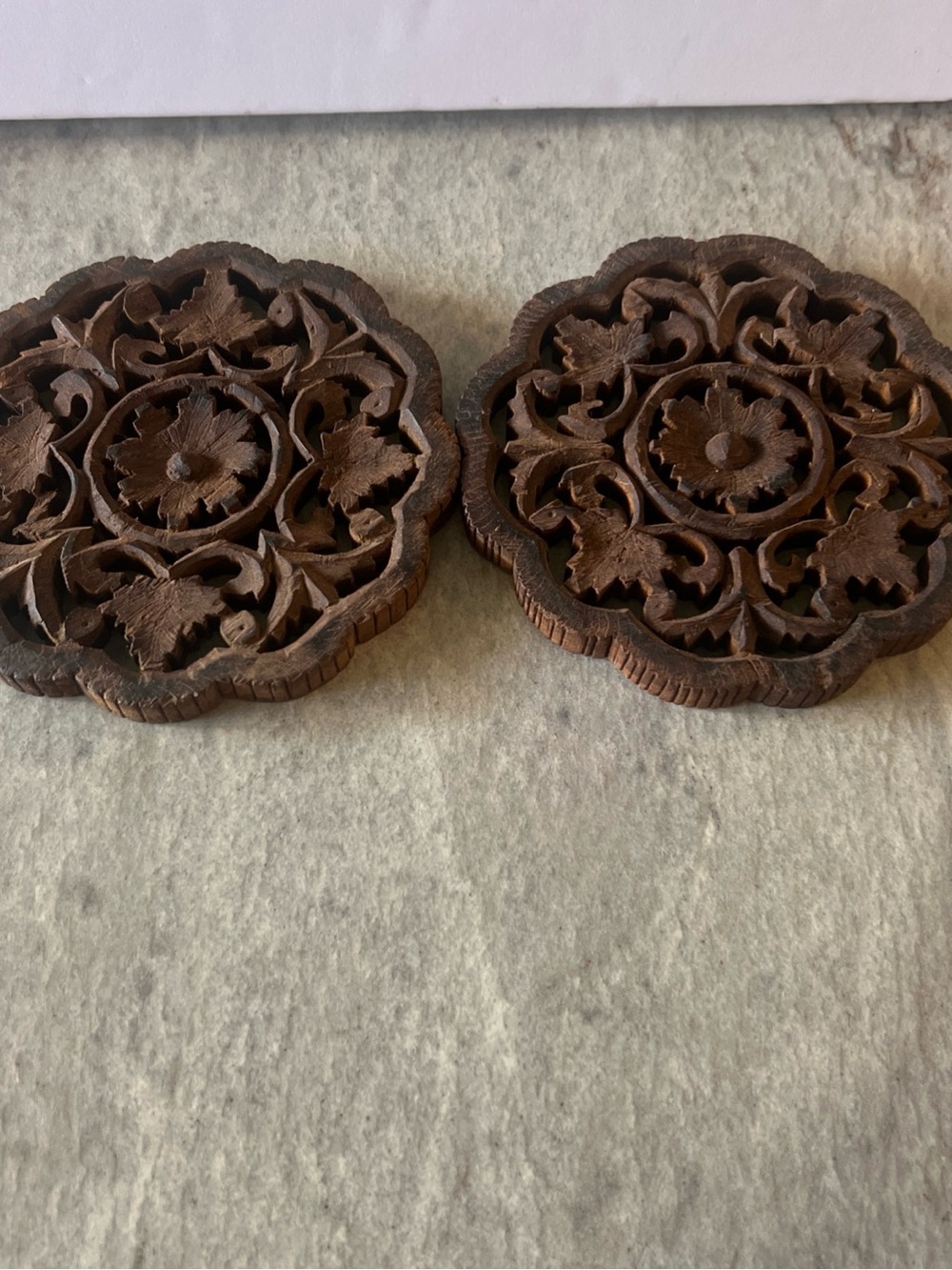 Source Unknown Hand-Carved Floral Wooden Wall Plaques - Brown